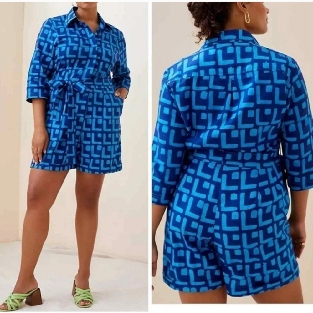 Anthropologie Sika Geometric‎ Print Blue Tie Waist Romper, Size Small